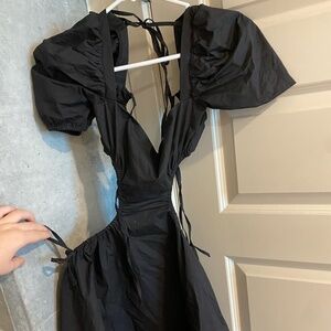 Black Cutout Strappy Dress Puff Sleeves